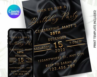 Schwarz & Gold-Geburtstagseinladung, 30. Geburtstag Flyer, Moderne schwarze Geburtstagseinladung, Herren-Digital-Party-Party-Vorlage, bearbeitbare Vorlage