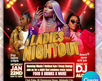 Ladies Night Out Flyer, Nigh Club Flyer, Girls Party Flyer, Girls Night OutFlyer, Red Flyer, DJ Event, Adult Party Disco, Canva Editable