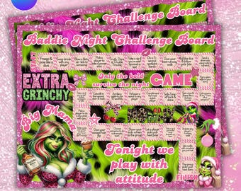 Baddie Night Challenge Spielbrett, bearbeitbare Grinch Spielbrett Vorlage, Grinchmas Girls Night Spielbrett, bearbeitbare Party Spielbretter