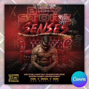 以下が含まれることがあります： 赤と黒のプロモーションポスター。ネオン文字で「BOY STORE SENSES」と書かれています。筋肉質な人が赤いソファに座り、ロープで縛られています。ポスターには「忘れられない体験の準備をしましょう！」というテキストも含まれています。