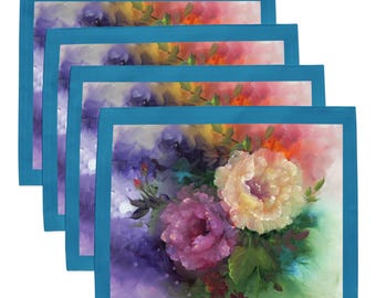 Juego de 4 manteles individuales azules con estampado floral