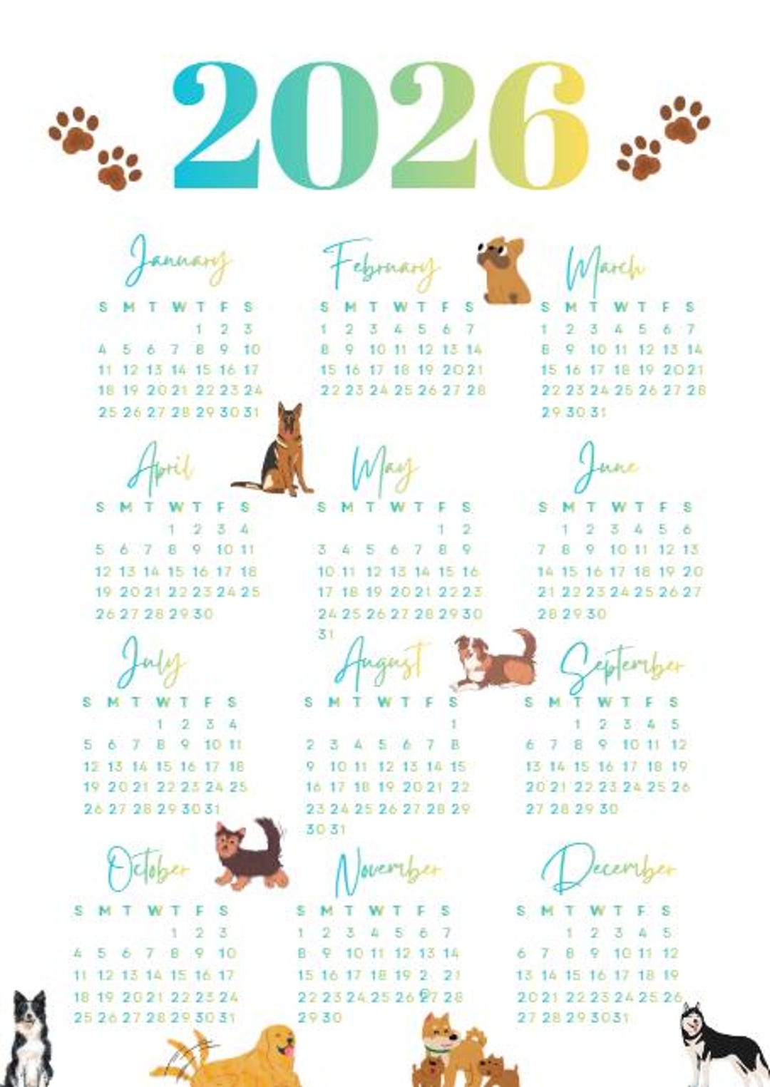 2026 Dog Calendar – Printable | Cute Aesthetic Mixed Dog Breeds | Puppy