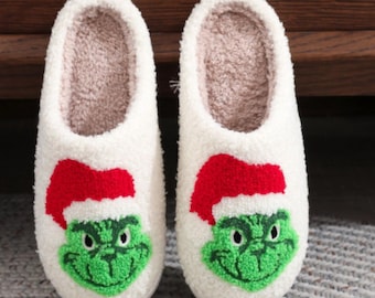 Grinch Christmas Slippers - Holiday Cozy Fluffy House Shoes - Funny Xmas Gift for Her Him