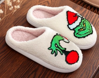 Grinch Christmas Slippers - Holiday Cozy Fluffy House Shoes - Funny Xmas Gift for Her Him