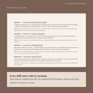 May include: A study guide page titled ALIGNED & ORGANISED WORKED ANSWERS featuring detailed explanations for questions 7 through 10. The text includes logical reasoning analysis for each question, and a footer stating Every drill comes with its reasoning.