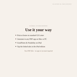 Puede incluir: Un gr&aacute;fico de informaci&oacute;n digital sobre un fondo crema con texto oscuro: ALIGNED & ORGANISED, WORKS EVERYWHERE, Use it your way, Print at home on standard US Letter, Annotate in any PDF app on Mac or PC, GoodNotes & Notability on iPad, Tap the linked tabs in the iPad edition, Two PDF files &middot; no app or account required.