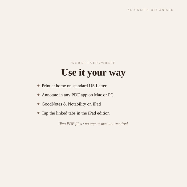Puede incluir: Un gr&aacute;fico de informaci&oacute;n digital sobre un fondo crema con texto oscuro: ALIGNED & ORGANISED, WORKS EVERYWHERE, Use it your way, Print at home on standard US Letter, Annotate in any PDF app on Mac or PC, GoodNotes & Notability on iPad, Tap the linked tabs in the iPad edition, Two PDF files &middot; no app or account required.