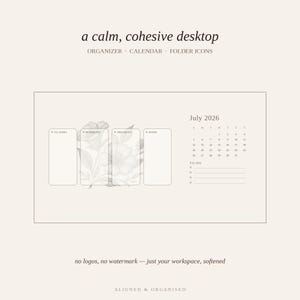 Desktop Wallpaper Organizer + Calendar & Folder Icons | Aesthetic Neutral Desktop Background for Mac, Windows | 2026-2027 Boho Minimal image 2