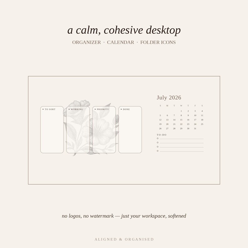 Desktop Wallpaper Organizer + Calendar & Folder Icons | Aesthetic Neutral Desktop Background for Mac, Windows | 2026-2027 Boho Minimal image 2