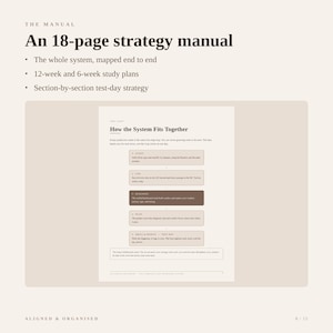 May include: An 18-page strategy manual with a beige background. The text reads: The Manual, An 18-page strategy manual, The whole system, mapped end to end, 12-week and 6-week study plans, Section-by-section test-day strategy, How the System Fits Together.