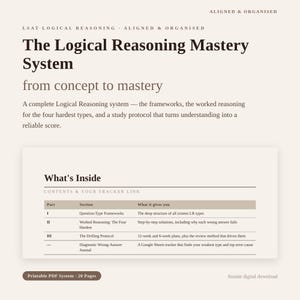 Può includere: Un documento digitale intitolato The Logical Reasoning Mastery System from concept to mastery. Include un sommario che elenca Question-Type Frameworks, Worked Reasoning, The Drilling Protocol e un Diagnostic Wrong-Answer Journal.