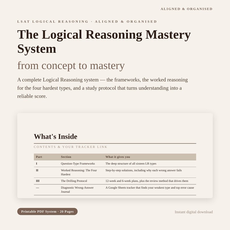 May include: A digital document titled The Logical Reasoning Mastery System from concept to mastery. It includes a table of contents listing Question-Type Frameworks, Worked Reasoning, The Drilling Protocol, and a Diagnostic Wrong-Answer Journal.