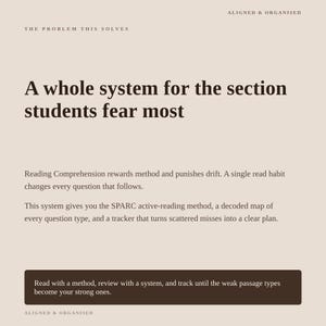 May include: A beige educational graphic with dark brown text titled ALIGNED & ORGANISED. It features the heading A whole system for the section students fear most, followed by text describing the SPARC active-reading method and a tracking system.