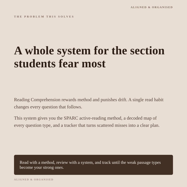 May include: A beige educational graphic with dark brown text titled ALIGNED & ORGANISED. It features the heading A whole system for the section students fear most, followed by text describing the SPARC active-reading method and a tracking system.