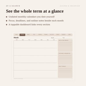 May include: A digital planner interface titled At A Glance, featuring a monthly calendar layout with sections for Focus This Month, Outlines & Deadlines, and Don't Forget. The top navigation bar includes tabs for Home, Months, Weeks, Days, and Schedule.