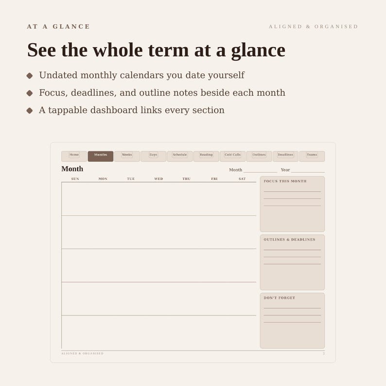 May include: A digital planner interface titled At A Glance, featuring a monthly calendar layout with sections for Focus This Month, Outlines & Deadlines, and Don't Forget. The top navigation bar includes tabs for Home, Months, Weeks, Days, and Schedule.