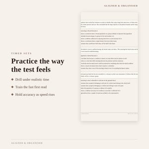 May include: A study guide page titled Aligned & Organised with the heading Timed Sets: Practice the way the test feels. It lists three bullet points: Drill under realistic time, Train the fast first read, and Hold accuracy as speed rises.