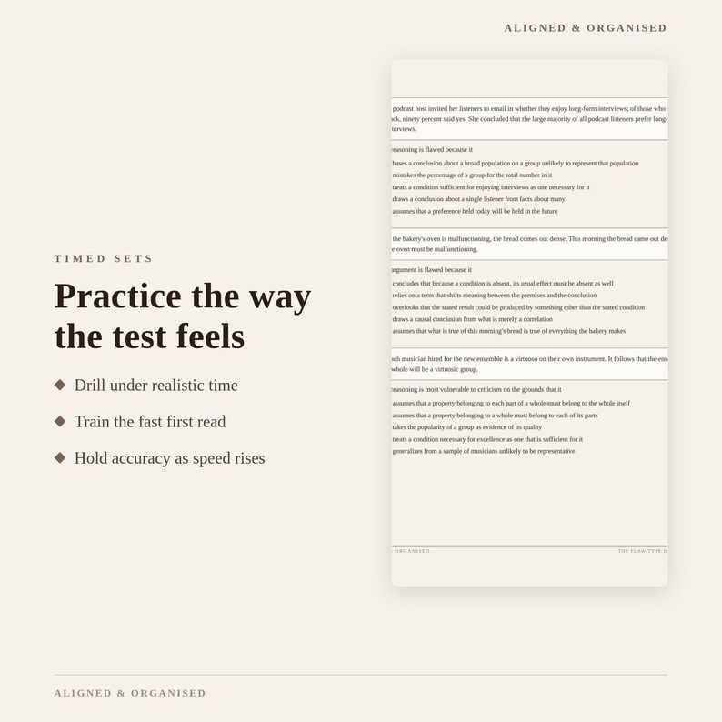 May include: A study guide page titled Aligned & Organised with the heading Timed Sets: Practice the way the test feels. It lists three bullet points: Drill under realistic time, Train the fast first read, and Hold accuracy as speed rises.