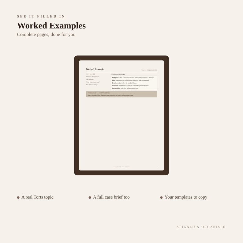 Op de afbeelding: Een digitale documentpagina getiteld Worked Example met een tabel met kolommen voor Torts en Casebook Notes. De tekst bevat Negligence, Duty, Breach, Causation en Unenforceability. De pagina is omlijst met een donkerbruine rand op een lichte achtergrond.