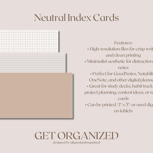 Może przedstawiać: Neutralne karty indeksu w kolorze beżowym, z białą kratką i liniami. Obraz zawiera tekst "Neutral Index Cards" i "GET ORGANIZED". Oferują pliki o wysokiej rozdzielczości i minimalistyczną estetykę.