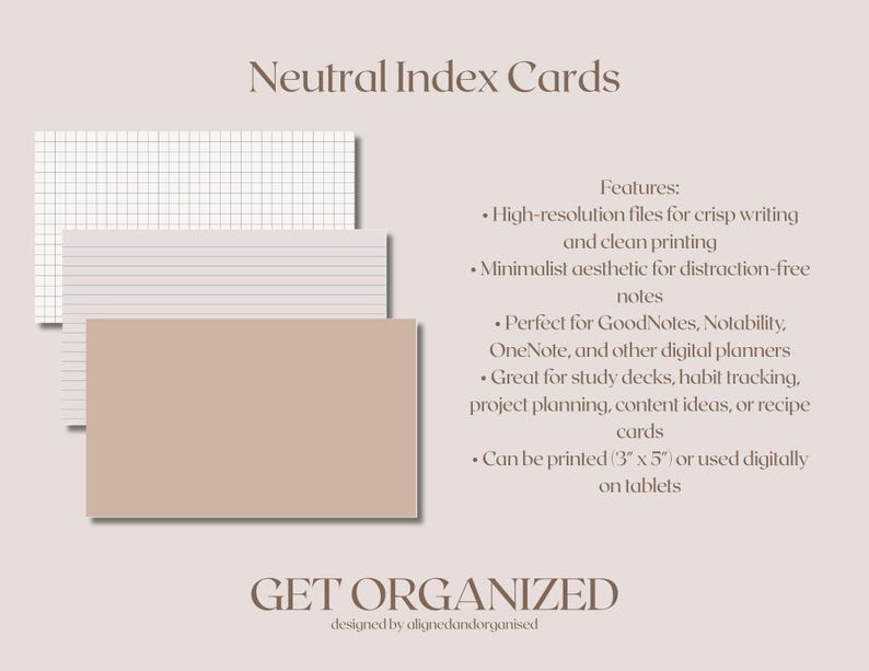 Może przedstawiać: Neutralne karty indeksu w kolorze beżowym, z białą kratką i liniami. Obraz zawiera tekst "Neutral Index Cards" i "GET ORGANIZED". Oferują pliki o wysokiej rozdzielczości i minimalistyczną estetykę.