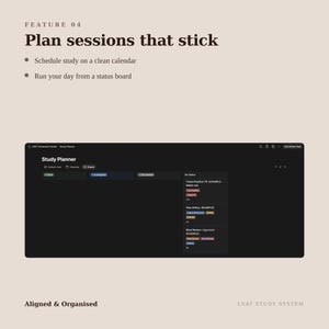 May include: A digital study planner interface on a dark background featuring a board view with status columns labeled Done, In progress, and Not started. The text reads Feature 04, Plan sessions that stick, Schedule study on a clean calendar, Run your day from a status board, Study Planner, Aligned & Organised, and LSAT STUDY SYSTEM.