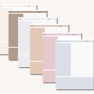 May include: A stack of six notepads in various pastel colors, including beige, brown, light blue, peach, and pink. Each notepad has a section for "Topic" and "Date". Some have lined or grid paper.