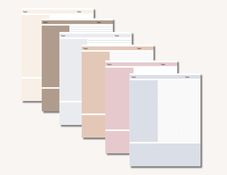 May include: A stack of six notepads in various pastel colors, including beige, brown, light blue, peach, and pink. Each notepad has a section for "Topic" and "Date". Some have lined or grid paper.