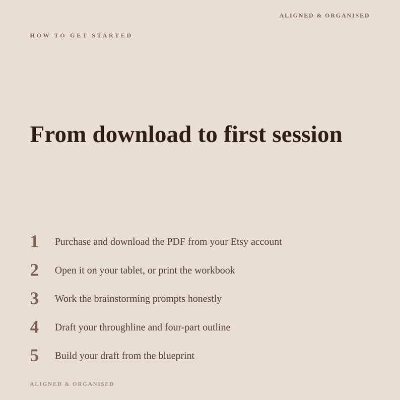Puede incluir: Un gr&aacute;fico informativo beige titulado How to Get Started y Aligned & Organised. El texto dice From download to first session, seguido de una lista numerada de cinco pasos para usar un libro de trabajo en PDF, incluyendo la descarga e impresi&oacute;n.