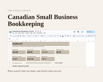 Small Business Bookkeeping Spreadsheet | Canada GST/HST Tracker Google Sheets | Income Expense & Profit Tracker