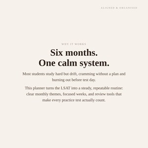 Puede incluir: Un gr&aacute;fico informativo beige con texto marr&oacute;n oscuro que dice: ALIGNED & ORGANISED, WHY IT WORKS, Six months. One calm system. Most students study hard but drift, cramming without a plan and burning out before test day. This planner turns the LSAT into a steady, repeatable routine: clear monthly themes, focused weeks, and review tools that make every practice test actually count.