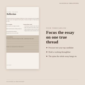 Puede incluir: Una p&aacute;gina de documento beige titulada Reflection con texto sobre la redacci&oacute;n de ensayos, junto a una secci&oacute;n titulada Your Throughline que indica Focus the essay on one true thread, seguida de tres puntos sobre c&oacute;mo redactar un hilo conductor.