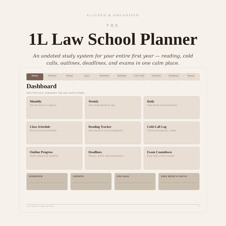 May include: A digital planner interface titled The 1L Law School Planner. The dashboard features navigation tabs for Home, Months, Weeks, Days, Schedule, Reading, Cold Calls, Outlines, Deadlines, and Exams, with cards for tracking study progress.