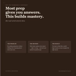 May include: A dark brown educational workbook page featuring white text that reads: Why this workbook is different. Most prep gives you answers. This builds mastery. The real work starts here. It includes three boxes labelled The Problem, The Method, and The Result.