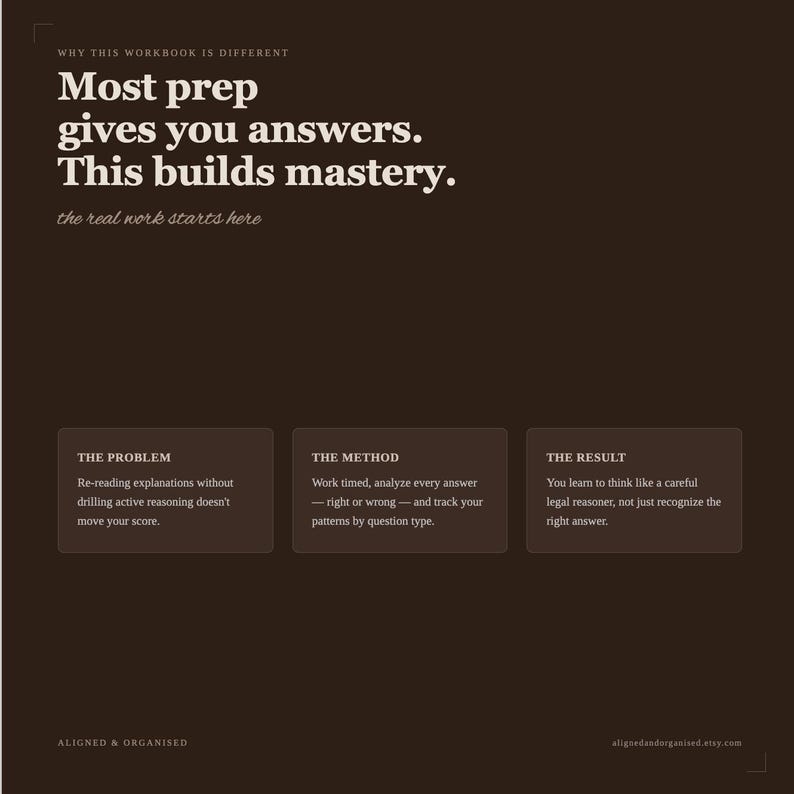 May include: A dark brown educational workbook page featuring white text that reads: Why this workbook is different. Most prep gives you answers. This builds mastery. The real work starts here. It includes three boxes labelled The Problem, The Method, and The Result.