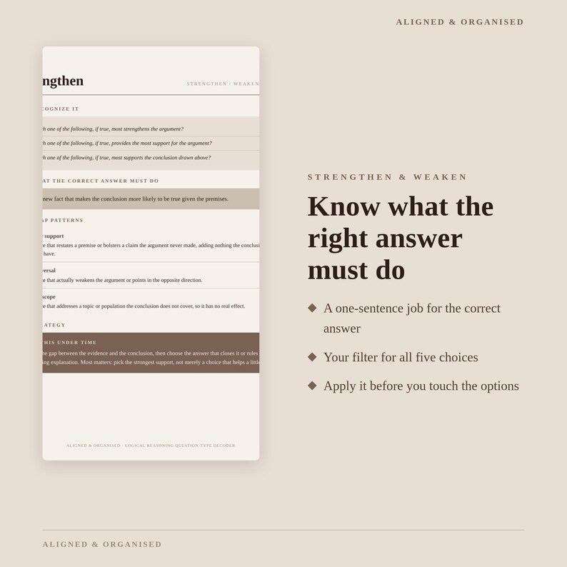 May include: A beige educational study guide titled Aligned & Organised featuring a vertical list of logical reasoning strategies. The text includes headings like Strengthen & Weaken, Know what the right answer must do, and bulleted instructional points.