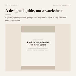 Puede incluir: Un libro de trabajo digital titulado Pre-Law to Application Full-Cycle System. La portada presenta un esquema de color beige y blanco con texto en negro. Incluye dieciocho p&aacute;ginas de orientaci&oacute;n, sugerencias y plantillas.