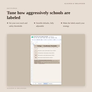 May include: A digital spreadsheet interface titled school-list-score-target-calculator with a Settings tab. The document features a section for Classification Thresholds, allowing users to adjust LSAT and GPA points to label schools as safety, reach, or target.