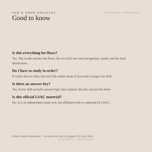 May include: A digital FAQ and shop policy document titled Good to know. It features questions and answers regarding study materials, including drill sets, answer keys, and LSAC affiliation status, presented in dark text on a light beige background.