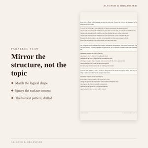May include: An educational study guide titled Aligned & Organised featuring the text Parallel Flaw: Mirror the structure, not the topic. It includes bullet points on matching logical shapes and ignoring surface content, alongside a column of practice questions.