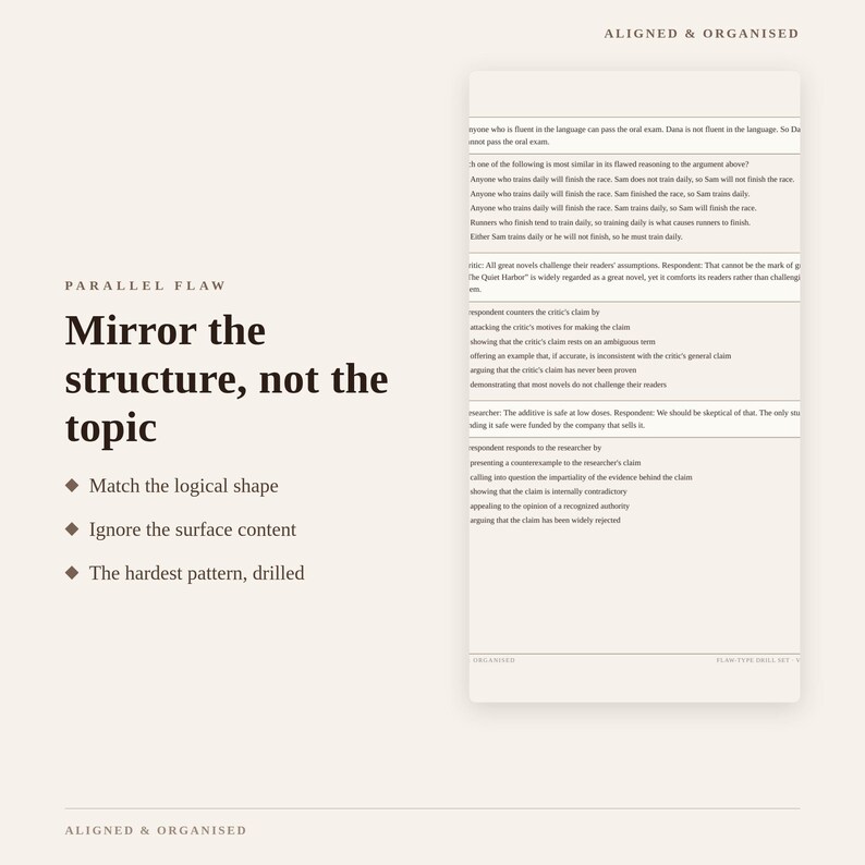 May include: An educational study guide titled Aligned & Organised featuring the text Parallel Flaw: Mirror the structure, not the topic. It includes bullet points on matching logical shapes and ignoring surface content, alongside a column of practice questions.