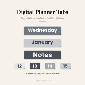 May include: Digital planner tabs with neutral color schemes for GoodNotes, Notability, and Canva. The image displays rectangular tabs labeled Wednesday, January, and Notes, alongside numbered tabs 12, 13, 14, and 15. Text includes 5 colourways, 890 tabs, instant download, and Aligned & Organised.