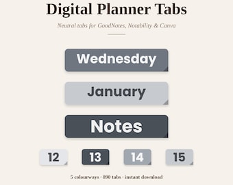 Digital Planner Tabs, Neutral GoodNotes Stickers, Days of the Week, Months, Dates & Section Labels, PNG Digital Sticker Book