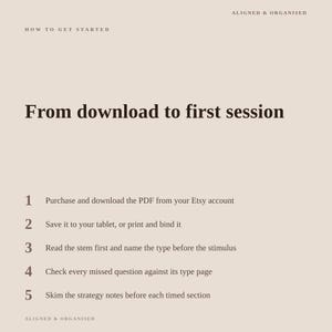 May include: A beige informational graphic titled How to Get Started and From download to first session. It lists five steps for using a PDF: purchase and download, save or print, read the stem, check missed questions, and skim strategy notes.