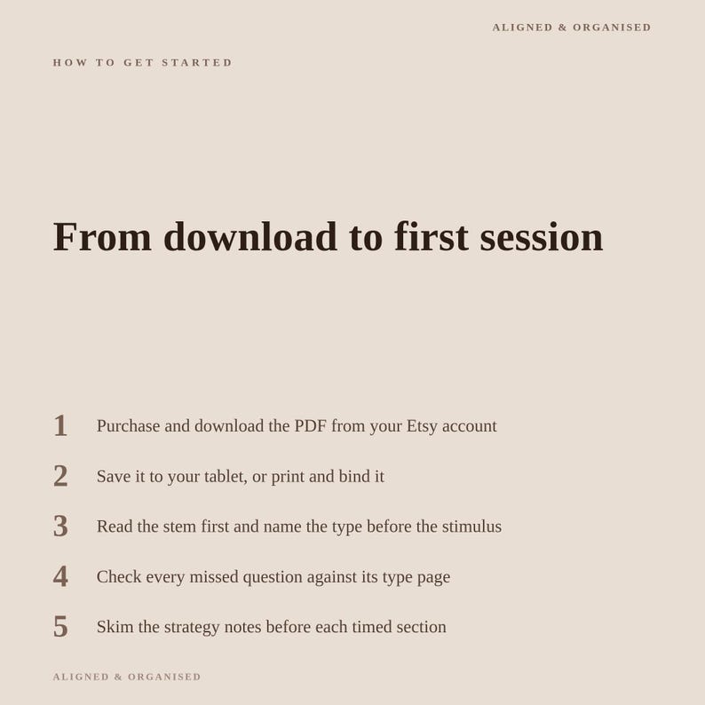 May include: A beige informational graphic titled How to Get Started and From download to first session. It lists five steps for using a PDF: purchase and download, save or print, read the stem, check missed questions, and skim strategy notes.