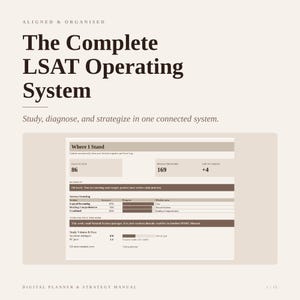 May include: A digital planner and strategy manual titled The Complete LSAT Operating System. The page displays a dashboard titled Where I Stand, featuring data points for days to test, projected score, gap to target, section standing, and study volume.