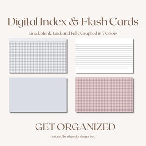 May include: Digital index and flash cards in various styles and colors. The image displays four cards: a grid, lined, blank, and a pink grid. Text on the image reads "Digital Index & Flash Cards" and "GET ORGANIZED".