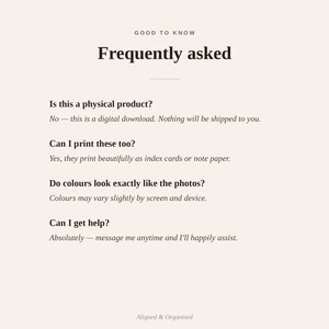 Puede incluir: Un gr&aacute;fico de informaci&oacute;n digital con fondo beige claro y texto marr&oacute;n oscuro. El encabezado dice GOOD TO KNOW Frequently asked. Enumera cuatro preguntas y respuestas sobre descargas digitales, impresi&oacute;n, variaciones de color y soporte.