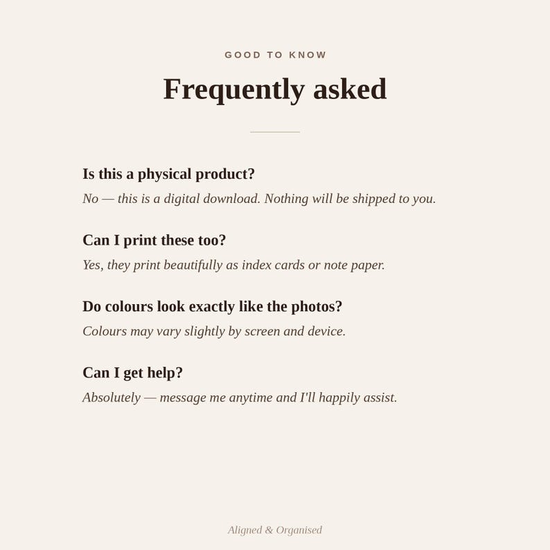 Puede incluir: Un gr&aacute;fico de informaci&oacute;n digital con fondo beige claro y texto marr&oacute;n oscuro. El encabezado dice GOOD TO KNOW Frequently asked. Enumera cuatro preguntas y respuestas sobre descargas digitales, impresi&oacute;n, variaciones de color y soporte.