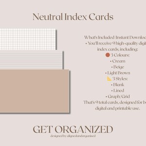 Może przedstawiać: Trzy karty indeksu w neutralnych odcieniach: kremowa kratka, beżowa w linie i jasnobrązowa pusta. Obraz zawiera tekst: "Neutral Index Cards" i "GET ORGANIZED". Karty są przeznaczone do użytku cyfrowego i drukowanego.
